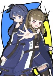 2girls :d ampere_(love_live!) bare_shoulders black_hairband black_shirt black_thighhighs blue_background blue_coat blue_eyes blue_hair blue_skirt braid brown_hair center-flap_bangs closed_mouth coat commentary cowboy_shot dollchestra fishnet_pantyhose fishnets foreshortening hairband half_up_braid half_updo hashtag-only_commentary highres kachimachi_kosuzu link!_like!_love_live! long_hair long_sleeves looking_at_viewer love_live! midriff miniskirt multiple_girls murano_sayaka off-shoulder_coat off_shoulder official_alternate_costume open_clothes open_coat open_hand open_mouth outstretched_arm pantyhose pink_eyes shirt side_braids skirt sleeveless sleeveless_shirt smile split_mouth tange_murasaki thighhighs thighhighs_over_pantyhose torn_clothes torn_thighhighs virtual_youtuber yellow_background