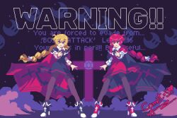 2girls alternate_color artist_name black_pantyhose black_shoes black_skirt black_vest blonde_hair bow bowtie braid cape capelet comet_summoner98 crescent cross dress dual_persona hexagram long_hair long_sleeves looking_at_viewer multiple_girls okazaki_yumemi okazaki_yumemi_(alternate) pantyhose phantasmagoria_of_dim.dream pixel_art player_2 red_eyes red_hair red_shoes ribbon shirt shoes short_hair skirt touhou touhou_(pc-98) vest yellow_eyes