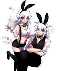 1boy 1girl animal_ears bakura_ryou bantian96 black_shorts black_thighhighs breasts closed_mouth detached_collar fake_animal_ears genderswap genderswap_(mtf) leotard long_hair looking_at_viewer navel playboy_bunny rabbit_ears rabbit_tail short_shorts shorts simple_background smile suspender_shorts suspenders tail thighhighs white_background wrist_cuffs yami_bakura yu-gi-oh! yu-gi-oh!_duel_monsters