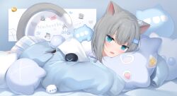Rule 34 | 1girl, :d, amashiro natsuki, animal ears, bed sheet, blue eyes, blue jacket, cat ears, cat girl, cat tail, character name, commentary, fang, grey hair, hair between eyes, hair ornament, highres, hugging object, indie virtual youtuber, jacket, long sleeves, looking at viewer, lying, nachoneko, nyan, on stomach, open clothes, open jacket, open mouth, pillow, pillow hug, plaid clothes, plaid skirt, pleated skirt, puffy long sleeves, puffy sleeves, romaji text, shirt, skirt, sleeves past fingers, sleeves past wrists, smile, solo, symbol-only commentary, tail, virtual youtuber, white shirt, white skirt