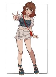 Rule 34 | 1girl, :d, absurdres, brown eyes, brown hair, collarbone, full body, gakuen idolmaster, hair ornament, hanami ume, highres, idolmaster, jewelry, looking at viewer, necklace, open mouth, sandals, short sleeves, shorts, smile, solo, standing, striped background, wavy hair, yureru 300