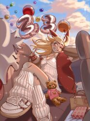 2girls absurdres animal_ears bag balloon bear_ears bear_girl blonde_hair blush breasts brown_eyes camisole car_interior cinnamoroll closed_eyes commentary crossed_legs cuddles_(cudlil) cudlil cudlil_(character) english_commentary fangs floating_hair foreshortening furry furry_female fuwa_fuwa_cinnamoroll highres leg_warmers looking_to_the_side multiple_girls one_eye_closed open_mouth original parted_lips red_nails sanrio shoes sleeves_past_wrists small_breasts smile sneakers sparkle v-shaped_eyebrows white_camisole white_fur white_leg_warmers white_shoes