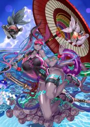 1girl animal anklet bangle bare_shoulders black_choker black_one-piece_swimsuit black_shoes blue_background blue_hair blue_sky bracelet breasts caustics choker cleavage closed_mouth cloud collarbone colored_skin curvy earrings fate/grand_order fate_(series) fingernails fish floating floating_hair full_body game_cg green_nails groin hair_ornament hair_scrunchie hands_up hat highleg highleg_one-piece_swimsuit holding holding_umbrella honjou_raita horns huge_breasts ibuki_douji_(fate) ibuki_douji_(swimsuit_berserker)_(fate) ibuki_douji_(swimsuit_berserker)_(first_ascension)_(fate) innertube jewelry katana kusanagi_no_tsurugi_(fate) legs_up long_fingernails long_hair long_pointy_ears long_sidelocks looking_at_viewer multicolored_hair multiple_horns official_art oil-paper_umbrella one-piece_swimsuit pink_hair pink_hat pointy_ears purple_skin red_eyes red_umbrella scrunchie see-through_cleavage see-through_clothes sheath sheathed shide shoes sidelocks single_bare_leg sky smile sneakers solo streaked_hair swim_ring swimsuit sword tail thigh_strap third-party_source umbrella variant_set very_long_hair visor_cap water weapon whistle whistle_around_neck wide_ponytail wristband