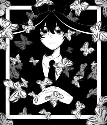 Rule 34 | 1boy, :|, bags under eyes, black eyes, black hair, black necktie, black vest, bow, bug, butterfly, chinese commentary, closed mouth, collared shirt, commentary, double-parted bangs, e.g.o (project moon), expressionless, fresh meat 404, greyscale, hair between eyes, highres, insect, limbus company, looking at viewer, male focus, monochrome, necktie, portrait (object), project moon, ribbon, shirt, short hair, solemn lament (e.g.o), solo, upper body, vest, white butterfly, white shirt, yi sang (project moon)