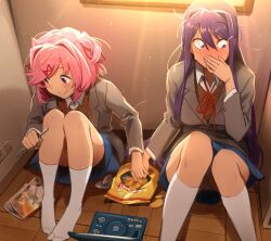 Rule 34 | 2girls, absurdres, blush, chips (food), commentary, doki doki literature club, dvd case, dvd player, eating, electrical outlet, food, fork, hair between eyes, hair ornament, hair ribbon, hairclip, highres, higurashi no naku koro ni, holding, holding fork, imminent death, imminent electrocution, jacket, khyle., kneehighs, long hair, looking at viewer, multiple girls, natsuki (doki doki literature club), no shoes, open clothes, open jacket, panties, pink hair, purple hair, red ribbon, ribbon, school uniform, smile, socks, symbol-only commentary, underwear, white panties, white socks, wooden floor, x hair ornament, yuri (doki doki literature club)