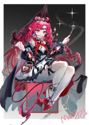 1girl absurdres arknights arm_cutout bare_shoulders border chain chinese_commentary commentary_request dress flower full_body glint grey_flower grey_rose highres infection_monitor_(arknights) key keyhole long_hair long_sleeves mang_ci mouth_hold nymph_(arknights) pantyhose pink_eyes pink_hair pink_tail pointy_ears red_shoes rose shoes short_dress signature smile solo sparkle tail very_long_hair white_border white_dress white_pantyhose