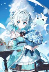 1girl apron aqua_dress aqua_eyes aqua_hair aqua_sleeves blue_flower blue_rose blue_sky bouquet bow bowtie brown_bow brown_bowtie closed_mouth cloud commentary commission cowboy_shot cumulonimbus_cloud cup day detached_sleeves dress english_commentary expressionless flower frilled_apron frilled_dress frilled_sleeves frills ghost gradient_hair hair_ornament highres holding holding_bouquet indie_virtual_youtuber light_blush looking_at_viewer maid maid_headdress mint_fantome mint_fantome_(minto_2.0) multicolored_hair outdoors rose saucer second-party_source sidelocks sky solo standing table teacup teapot triangular_headpiece two-tone_hair two_side_up virtual_youtuber white_apron white_hair wide_sleeves wisps_(mint_fantome) x_hair_ornament zhishi_boluo_fan