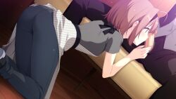 1boy 1girl ahoge apron bent_over black_bow black_hairband black_pants bow brown_eyes brown_hair censored closed_mouth game_cg grey_shirt grey_vest hair_intakes hairband hetero highres imminent_fellatio indoors kneeling koruri mosaic_censoring neko_to_wakai_seyo! open_fly pants penis profile shirt short_hair short_sleeves solo_focus striped_apron striped_clothes sweatdrop vertical-striped_apron vertical-striped_clothes vest yasaka_hiiragi