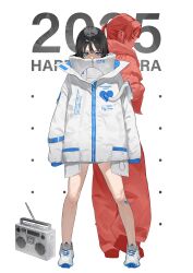 2025 2girls absurdres arms_at_sides bandaid bandaid_on_leg black_hair blue_eyes clothes_writing commentary_request covered_mouth english_text full_body happy_new_year heart heart_print high_collar highres jacket long_sleeves looking_at_viewer mashiro_kta multiple_girls new_year original pants pocket profile radio shoes short_hair sleeves_past_fingers sleeves_past_wrists sneakers standing tube white_background white_jacket white_shoes zipper