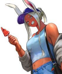 1girl alternate_costume alternate_hairstyle animal_ears animal_print bag bare_shoulders baseball_cap bead_bracelet beads blue_tank_top boku_no_hero_academia bracelet breasts clenched_teeth commentary crescent_print dark-skinned_female dark_skin denim english_commentary food food_bite grey_jacket hair_bun handbag hat highres hitomazuk holding holding_food holding_popsicle jacket jeans jewelry large_breasts long_eyelashes long_hair long_sidelocks looking_at_viewer mirko navel off_shoulder pants parted_bangs popsicle purple_hat rabbit_ears rabbit_girl rabbit_print red_eyes sidelocks simple_background single_hair_bun solo tank_top teeth toned toned_female upper_body white_background white_hair