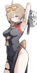 1girl absurdres armpits arms_behind_head arms_up black_dress blue_eyes blush breasts brown_hair china_dress chinese_clothes closed_mouth clothing_cutout covered_navel cutout_above_navel dress eyewear_on_head hair_over_one_eye hand_fan highres holding holding_fan medium_breasts one_eye_closed orange-tinted_eyewear pelvic_curtain short_hair side_slit simple_background sleeveless sleeveless_dress solo sweat sweety_(zenless_zone_zero) thighs tinted_eyewear tuanshan underboob_cutout white_background yellow-tinted_eyewear yuku~ zenless_zone_zero