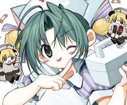 2girls ;p ahoge animal_ears antenna_hair apron bandaid bell blonde_hair blue_bow blue_dress blush_stickers bow box cat_ears chibi chibi_inset closed_mouth commentary dejiko di_gi_charat dot_nose dress drop_shadow first_aid_kit frilled_apron frills green_eyes green_hair grey_hair hair_bell hair_bow hair_ornament hat highres holding holding_box jingle_bell multiple_girls nurse_cap one_eye_closed open_mouth panda_ears parted_bangs pepeppepe101 piyoko pointing pointing_to_the_side puffy_short_sleeves puffy_sleeves short_hair short_sleeves striped_bow striped_clothes striped_dress symbol-only_commentary tongue tongue_out upper_body v-shaped_eyebrows white_apron white_hat
