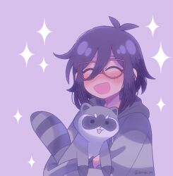 1girl :d ^_^ animal animal_hug antenna_hair black_hair blush closed_eyes commentary donuqx double-parted_bangs drawstring glasses grey_jacket hair_between_eyes hatching_(texture) holding holding_animal hood hood_down hooded_jacket jacket mincy_(omori) omocat_(style) omori open_clothes open_jacket open_mouth purple_background raccoon red-framed_eyewear short_hair simple_background smile solo sparkle striped_clothes striped_jacket symbol-only_commentary twitter_username upper_body
