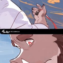 1boy bara beard boar_boy bright_pupils cilohnoino close-up facial_hair furry furry_male holding holding_jewelry holding_necklace jewelry looking_at_object male_focus necklace original red_eyes reflection reflective_water thick_eyebrows tusks white_pupils