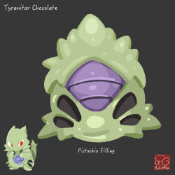 arrow_(symbol) artist_logo artist_name character-themed_food character_name chocolate food food_focus food_name gen_2_pokemon grey_background highres logo nintendo no_humans pokemon pokemon_(creature) simple_background tyranitar yuki00yo