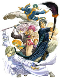 1girl 6+boys akatsuki_no_yona black_hair blonde_hair boots chinese_clothes clenched_teeth green_hair hak_(akatsuki_no_yona) holding holding_weapon jae-ha_(akatsuki_no_yona) kija_(akatsuki_no_yona) long_hair looking_at_viewer miura_kentarou multiple_boys open_mouth red_hair serious short_hair simple_background shin-ah_(akatsuki_no_yona) sword teeth weapon white_background white_hair yona_(akatsuki_no_yona) yoon_(akatsuki_no_yona) zeno_(akatsuki_no_yona)
