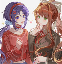 2girls blazer blue_eyes blue_hair blue_skirt brown_hair brown_jacket brown_vest choker closed_mouth collarbone commentary_request crazy_mita_(miside) cropped_shirt crossover doki_doki_literature_club doki_doki_literature_club_school_uniform finger_to_face green_eyes hair_intakes hairband heart highres holding holding_pen jacket jing_qiu123 long_sleeves looking_at_viewer low_twintails midriff_peek miside mita_(miside) monika_(doki_doki_literature_club) multiple_girls neck_ribbon open_mouth pen ponytail red_choker red_hairband red_ribbon red_shirt ribbon school_uniform shirt sidelocks simple_background skirt smile teeth trait_connection twintails upper_teeth_only vest white_background white_shirt