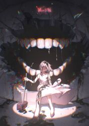 1girl absurdres black_blood blood blood_in_hair blood_on_arm blood_on_clothes blood_on_feet blood_on_ground blood_on_wall broken_wall commentary dress glitch hammer highres holding holding_hammer neg_(101neg) original short_hair smile spotlight teeth white_dress white_hair