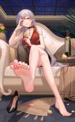 1girl alcohol animated barefoot between_toes bottle crazy_ones crossed_legs cup drinking_glass feet food grey_hair highres long_hair looking_at_viewer macaron nail_polish parted_lips red_eyes shoes sitting soles sweets toenail_polish toenails toes unworn_shoes video wine wine_bottle wine_glass