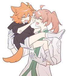 Rule 34 | 1boy, 1girl, aged down, ahoge, animal ears, black hoodie, blush, boots, carrying, carrying person, chaldea logo, closed eyes, commentary, cropped torso, facing another, fang, fate/grand order, fate (series), fox ears, fox tail, fujimaru ritsuka (female), full body, gloves, hand on another&#039;s neck, hood, hoodie, long sleeves, myg 8028, open clothes, orange hair, romani archaman, scrunchie, short hair, short sleeves, shorts, side ponytail, simple background, smile, symbol-only commentary, tail, white background, white boots, white gloves