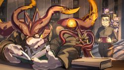 2boys black-framed_eyewear book colored_sclera creature cthugha_(housamo) fingernails furry furry_male gakuran glasses highres holding holding_book itohiro jacket librarian library male_focus monster_boy motoori_shiro multiple_boys nail_polish octopus_boy open_book open_clothes open_jacket pectorals purple_eyes purple_nails reading school_uniform sharp_fingernails short_hair smile sword tentacle_hair thick_eyebrows tokyo_houkago_summoners weapon yellow_sclera