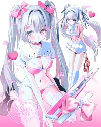 absurdres bikini boxcutter breasts cleavage collar commission grey_hair highres long_hair multicolored_hair multiple_views navel original pink_bikini pink_hair puffy_short_sleeves puffy_sleeves r_(leoleoleonard) razor_blade short_sleeves sitting skeb_commission standing swimsuit thighhighs twintails twitter_username two-tone_hair very_long_hair wariza white_collar white_thighhighs