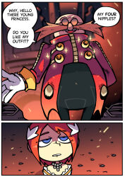 Rule 34 | 1boy, 1girl, bald, black pants, blue eyes, coat, commission, dr. eggman, english text, facial hair, feather hair ornament, feathers, gloves, goggles, hair ornament, highres, long sleeves, mustache, pants, pixiv commission, princess elise the third, red coat, red hair, round eyewear, setz, short hair, sonic (series), sonic the hedgehog (2006), speech bubble, white gloves