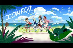 2boys 2girls anemone_(eureka_seven) beach black_hair blue_sky brown_hair dominic_sorel english_text eureka_(eureka_seven) eureka_seven eureka_seven_(series) green_hair highres multiple_boys multiple_girls ocean pink_hair pointing renton_thurston sky smile spiral_cris tandem_bicycle wings