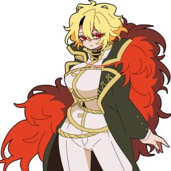 1girl absurdres black_coat blonde_hair breasts closed_mouth coat don_quixote_(project_moon) gold_trim highres jacket kekeken lapels large_breasts limbus_company long_sleeves looking_at_viewer notched_lapels pants project_moon red_eyes sancho_(project_moon) short_hair solo white_jacket white_pants