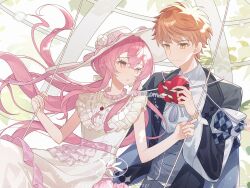 1boy 1girl blush bow breasts closed_mouth commission day dress emiya_shirou eye_contact fate/stay_night fate_(series) flower flower_swing formal_clothes hair_between_eyes hair_flower hair_ornament hand_up hat hat_ribbon heart heart_hands hetero highres leaf long_hair looking_at_another momomiya_shizuku_(gaoyue_jixiang) nature oc_x_canon on_swing orange_hair original outdoors pink_flower pink_rose plant red_hair ribbon rose second-party_source shirt sitting sleeveless sleeveless_dress sun_hat sundress sunlight swing swing_set very_long_hair white_dress white_flower white_hat white_shirt