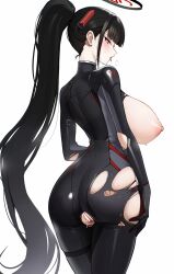 1girl absurdres ass ateoyh bar_censor black_hair black_halo blue_archive blush bodysuit breasts breasts_out bright_pupils censored commentary_request cowboy_shot crotch_cutout curvy from_behind halo highres huge_breasts long_hair looking_at_viewer naughty_face nipples official_alternate_costume official_alternate_hairstyle ponytail pussy pussy_juice pussy_juice_trail red_eyes rio_(blue_archive) rio_(bodysuit)_(blue_archive) saliva saliva_trail sideways_glance simple_background skindentation solo sweat thigh_strap tongue tongue_out torn_bodysuit torn_clothes turtleneck turtleneck_bodysuit very_long_hair white_background white_pupils