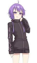 1girl absurdres ahoge flat_chest gukr4322 highres jacket purple_eyes purple_hair short_hair_with_long_locks sleeves_past_wrists solo tongue tongue_out track_jacket voiceroid white_background yuzuki_yukari