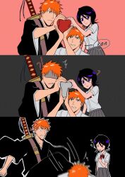 Rule 34 | 1girl, 2boys, ?, anger vein, black hair, black kimono, bleach, bow, bowtie, collared shirt, grey skirt, heart, heart hands, heart hands trio, highres, japanese clothes, karakura high school uniform, katana, kimono, kuchiki rukia, kurosaki ichigo, multiple boys, orange hair, pleated skirt, purple eyes, red bow, red bowtie, school uniform, shihakusho, shirt, skirt, smile, spiked hair, star (sr67305775), sword, sword on back, upper body, weapon, weapon on back, white shirt