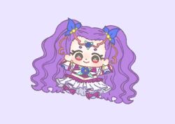 Rule 34 | 1girl, absurdly long hair, blue bow, blue flower, blue rose, boots, bow, brooch, chibi, circlet, closed mouth, cropped shirt, dot nose, earrings, eyelashes, floral print, flower, flower brooch, footwear bow, forehead, frilled arm warmers, frilled footwear, frilled sleeves, frills, hair bobbles, hair bow, hair ornament, ichigo usuhana, jewelry, knee boots, light blush, long hair, long skirt, looking at viewer, midriff, milky rose, mimino kurumi, navel, outstretched arms, pleated skirt, precure, purple arm warmers, purple background, purple boots, purple bow, purple hair, purple shorts, purple theme, red eyes, rose, shirt, short sleeves, shorts, shorts under skirt, simple background, skirt, skirt set, smile, solo, square neckline, tareme, two-tone arm warmers, two side up, very long hair, wavy hair, white arm warmers, white shirt, white skirt, yes! precure 5, yes! precure 5 gogo!
