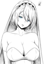 1girl 2b_(nier:automata) absurdres alternate_costume blue_eyes blue_pupils breasts collarbone commentary english_commentary greyscale hair_between_eyes head_tilt highres large_breasts looking_at_viewer lughost mole mole_under_mouth monochrome nier:automata nier_(series) short_hair simple_background solo spot_color upper_body white_background