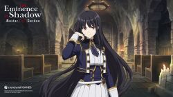 Rule 34 | 1girl, artist request, black hair, blue corset, blue jacket, blue necktie, breasts, candle, claire kagenou, closed mouth, copyright notice, corset, crunchyroll, gold trim, highres, jacket, kage no jitsuryokusha ni naritakute!, kage no jitsuryokusha ni naritakute! master of garden, logo, long hair, midgar academy school uniform, necktie, official art, open clothes, open jacket, pew, pleated skirt, red eyes, school uniform, short necktie, skirt, solo, white skirt