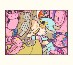 Rule 34 | 2boys, 4others, absurdres, beanie, beard, belt, blue hat, blue pants, blue shirt, blue sleeves, border, brown hat, cape, chibi, chibi only, closed eyes, colored skin, commentary, commentary request, cowboy hat, facial hair, goggles, goggles on headwear, gold teeth, grey belt, grey hair, grin, gyro zeppeli, hat, heart ornament, highres, hug, johnny joestar, jojo no kimyou na bouken, long hair, m a a m 8, male focus, medium hair, multiple boys, multiple others, non-humanoid robot, pants, pink skin, pink sleeves, purple shirt, purple sleeves, robot, shirt, short sleeves, smile, stand (jojo), star (symbol), star print, steel ball run, tears, tusk (stand), tusk act1, tusk act2, tusk act3, tusk act4, two-tone sleeves, white border, wristband, yellow cape