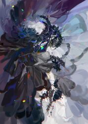 1boy absurdres bug butterfly_wings centipede chromatic_aberration closed_eyes fate/grand_order fate_(series) fur_trim grey_hair highres insect_wings male_focus medium_hair oberon_(fate) profile solo sunend wing_cape wings
