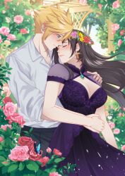 Rule 34 | 1boy, 1girl, absurdres, alternate costume, arm around waist, black hair, black pants, blonde hair, blue eyes, blurry, blurry background, blush, breasts, cleavage, cleavage cutout, closed eyes, closed mouth, clothing cutout, cloud strife, collared shirt, commentary, couple, cowboy shot, crescent, crescent earrings, dress, earrings, english commentary, final fantasy, final fantasy vii, final fantasy vii remake, floral background, flower, gold earrings, hand on another&#039;s shoulder, hand on another&#039;s waist, head wreath, heart, highres, jewelry, large breasts, leaf, lips, long hair, looking at another, outdoors, pants, pink flower, pink lips, purple dress, red flower, reishichi, rose, shirt, short hair, smile, sparkle, spiked hair, tifa lockhart, white shirt