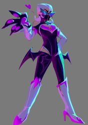 1other alternate_costume animal_hands black_leotard black_thighhighs boots claws cleavage_cutout clothing_cutout commentary cosplay drag_queen eyeshadow full_body gloves grey_background hand_on_own_hip heart high_heel_boots high_heels holographicros3 indie_virtual_youtuber kwite_(vtuber) leotard makeup mask mouth_mask other_focus outstretched_hand paw_gloves pawpads pink_eyeshadow rouge_the_bat rouge_the_bat_(cosplay) short_hair simple_background solo sonic_(series) standing sunglasses symbol-only_commentary thighhighs virtual_youtuber white_boots white_hair