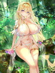 Rule 34 | 1girl, akusamu, azur lane, blonde hair, breasts, cape, cleavage, collared halterneck, earrings, elf, feet out of frame, gem, gold thighlet, gouden leeuw (azur lane), green gemstone, hair between eyes, hand on own cheek, hand on own face, highres, huge breasts, jewelry, jungle, large breasts, light smile, long hair, looking at viewer, mole, mole under eye, narrowed eyes, nature, no panties, outdoors, pelvic curtain, pointy ears, pubic tattoo, pubic tattoo through clothing, purple eyes, revealing clothes, see-through clothes, see-through pelvic curtain, sitting on branch, solo, tattoo, thighlet, two-sided cape, two-sided fabric, very long hair