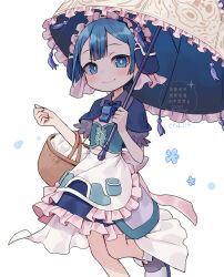 Rule 34 | 1boy, apron, basket, blue capelet, blue corset, blue eyes, blue hair, blush, capelet, corset, ctd 114, double-parted bangs, dress, frilled apron, frilled dress, frills, highres, holding, holding basket, holding umbrella, looking at viewer, made in abyss, maid, maid apron, maid headdress, male focus, maruruk, pouch, short hair, short sleeves, simple background, smile, solo, standing, standing on one leg, trap, umbrella, whistle, whistle around neck, yellow pupils