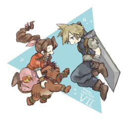 1girl 2boys aerith_gainsborough animal armor bangle belt blonde_hair blue_pants blue_shirt boots bracelet braid braided_ponytail brown_footwear brown_hair buster_sword chocosan_69 closed_eyes cloud_strife cropped_jacket dress facial_mark final_fantasy final_fantasy_vii full_body gloves hair_ribbon jacket jewelry long_dress long_hair looking_at_another multiple_boys open_mouth orange_fur pants parted_bangs pink_dress pink_ribbon puffy_short_sleeves puffy_sleeves red_hair red_jacket red_xiii ribbon scar scar_across_eye scar_on_face shirt short_hair short_sleeves shoulder_armor sidelocks smile spiked_hair square_enix suspenders weapon weapon_on_back