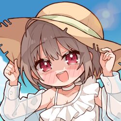 1girl ahoge blue_sky blush breasts brown_hair choker cleavage cloud cloudy_sky collarbone commentary day english_commentary hand_on_headwear harusaki_nodoka hat highres hololive kukie-nyan large_breasts long_sleeves looking_at_viewer medium_hair one-piece_swimsuit open_clothes open_mouth open_shirt pink_eyes see-through_clothes see-through_shirt shirt single_bare_shoulder sky smile solo sun_hat swimsuit teeth upper_teeth_only white_choker white_one-piece_swimsuit white_shirt