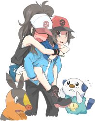 1boy 1girl akihikohex baseball_cap blue_jacket blush boots brown_hair carrying cropped_legs denim denim_shorts flying_sweatdrops full-face_blush gen_5_pokemon hat hilbert_(pokemon) hilda_(pokemon) jacket looking_at_another lowres nintendo open_mouth oshawott piggyback pokemon pokemon_bw shorts tepig transparent_background