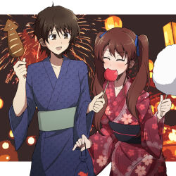 1boy 1girl akazawa_izumi another blue_kimono blue_ribbon brown_eyes brown_hair closed_eyes commission cotton_candy fireworks fish food food_in_mouth goldfish hair_ribbon highres holding holding_food ikayaki japanese_clothes kimono long_hair nel-c obi red_kimono ribbon sakakibara_kouichi sash short_hair skeb_commission twintails yukata