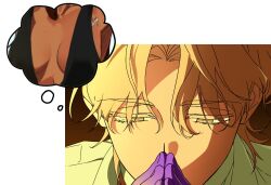 1boy 1girl alien_stage blonde_hair breasts chest_tattoo colored_extremities colored_eyelashes covered_mouth dark-skinned_female dark_skin hetero highres hyuna_(alien_stage) lubya luka_(alien_stage) own_hands_together short_hair speech_bubble tattoo thought_bubble yellow_eyes