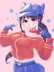 1girl animal_ear_headwear animal_ears blue_gloves blue_hat blue_skirt newsboy_cap choker collarbone commentary cool_mita_(miside) cropped_sweater fake_animal_ears gloves hat hozicha10 looking_at_viewer low_ponytail miside mita_(miside) ponytail purple_eyes purple_hair red_choker red_sweater skirt smile sweater teardrop_facial_mark