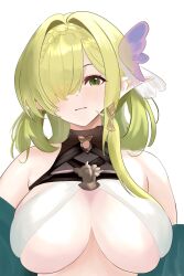 1girl absurdres azur_lane bare_shoulders braid breasts butterfly_hair_ornament closed_mouth de_zeven_provincien_(azur_lane) green_eyes green_hair hair_intakes hair_ornament hair_over_one_eye highres huge_breasts light_blush looking_at_viewer pointy_ears silvergrace simple_background sketch solo upper_body white_background