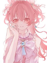 1girl absurdres blush bow closed_mouth dress earrings hair_between_eyes highres jewelry long_hair looking_at_viewer momoi_airi nuko10_1 pink_dress pink_eyes pink_hair project_sekai ring simple_background smile solo two_side_up upper_body white_background